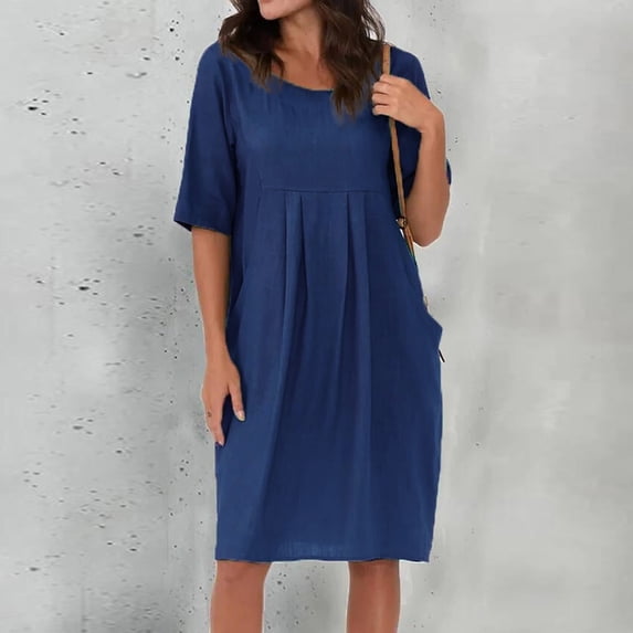 Pop Seller Women's Casual Loose O Neck Short Sleeve With Pockets Elegant Linen Swing Dresses Blue 5XL