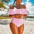thumbnail image 1 of Pop Seller Women's High Waist Bikini Beach Swimwear Split Swimwear Ruffle Edge Swimwear Set Pink S, 1 of 9