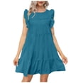 thumbnail image 1 of Pop Seller Women's Round Neck Casual Short Sleeve Ruffle-Trim Summer Mini Dresses Blue L, 1 of 5