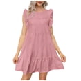 thumbnail image 1 of Pop Seller Women's Round Neck Casual Short Sleeve Ruffle-Trim Summer Mini Dresses Pink XL, 1 of 4