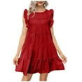 thumbnail image 1 of Pop Seller Women's Round Neck Casual Short Sleeve Ruffle-Trim Summer Mini Dresses Red XL, 1 of 5