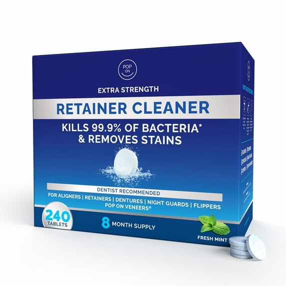 Pop On Smiles Retainer Cleaner Tablets for Ultrasonic Cleaners - Invisalign Cleaner, Denture Cleaning Tablets, FSA HSA Approved, Dental Pod Tablets for Aligners, Night Guards, Mouth Guards - 240 Tabs