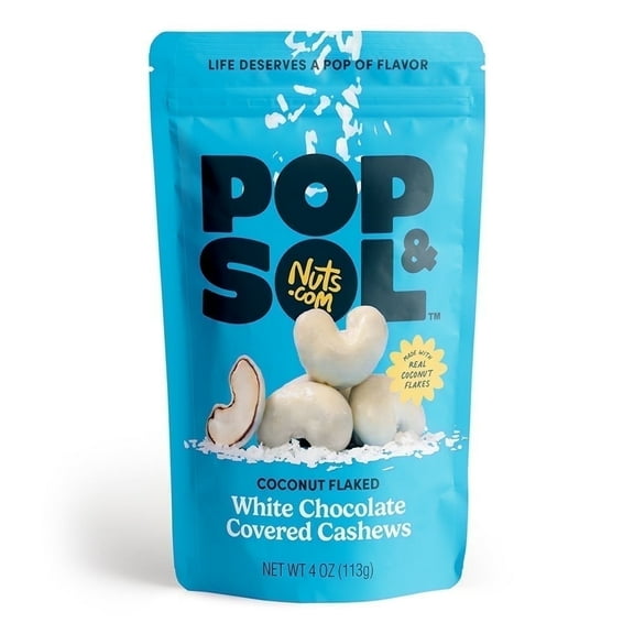 Pop & Sol by Nuts.com, Coconut Flaked White Chocolate Cashews, 4 oz Bag