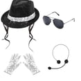 thumbnail image 1 of Pop Star Costume Accessories Set, Sequin Fedora Hat Sunglasses Headset Mic Gloves for Halloween Stage Show, 1 of 5