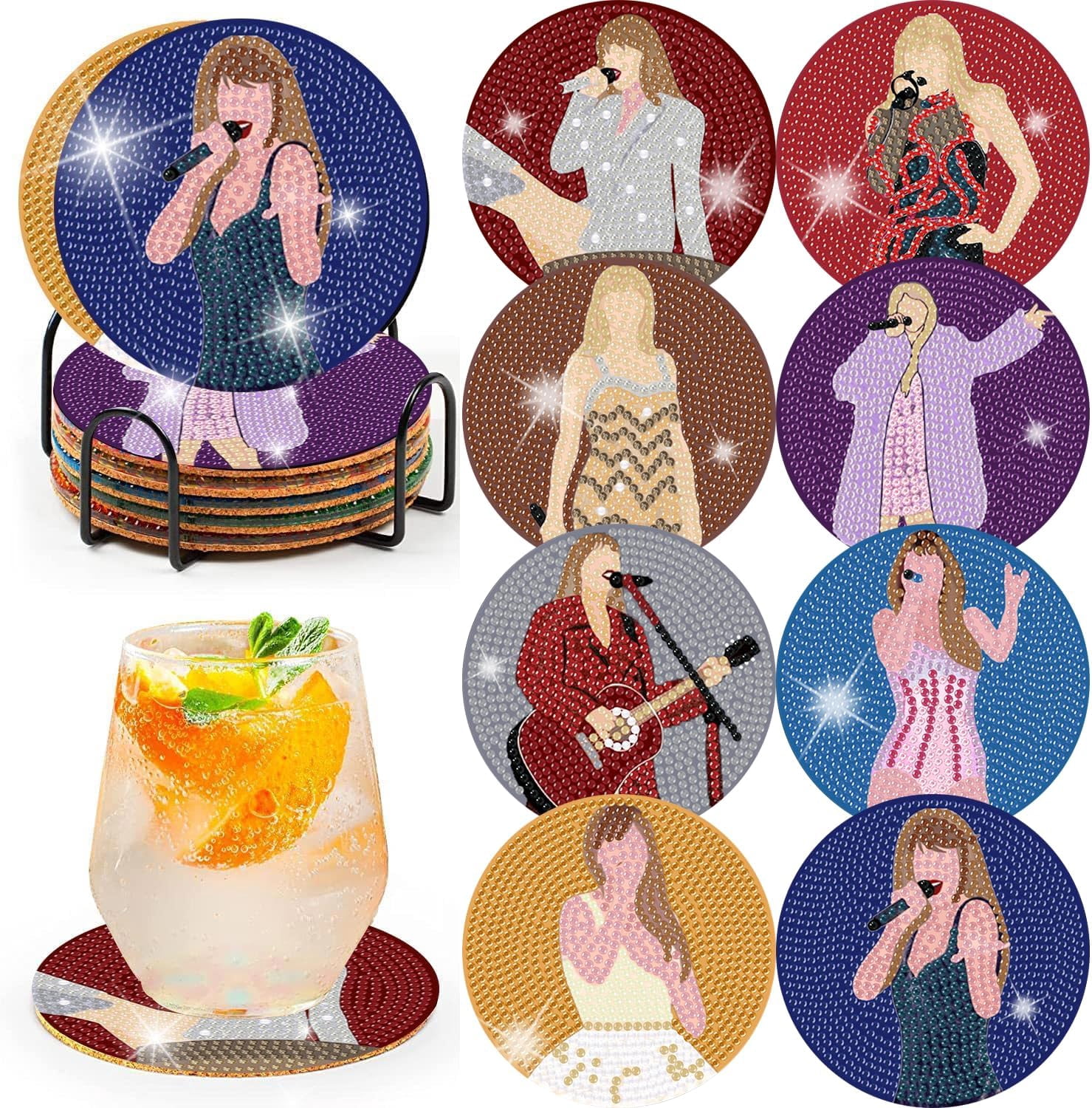 Pop Star Diamond Painting Coasters Kits for ults, 8PCS Pop Diamond Art Coaster Kits with Holder, Small Diamond Painting Kits for ults & Kids Art Craft Supplies, Bdwy041