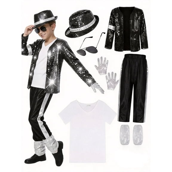Pop Star Halloween Costume Set, Black Sequin Jacket, Trousers, Hat, Gloves, 80s Retro Stage Outfit, 5 Piece