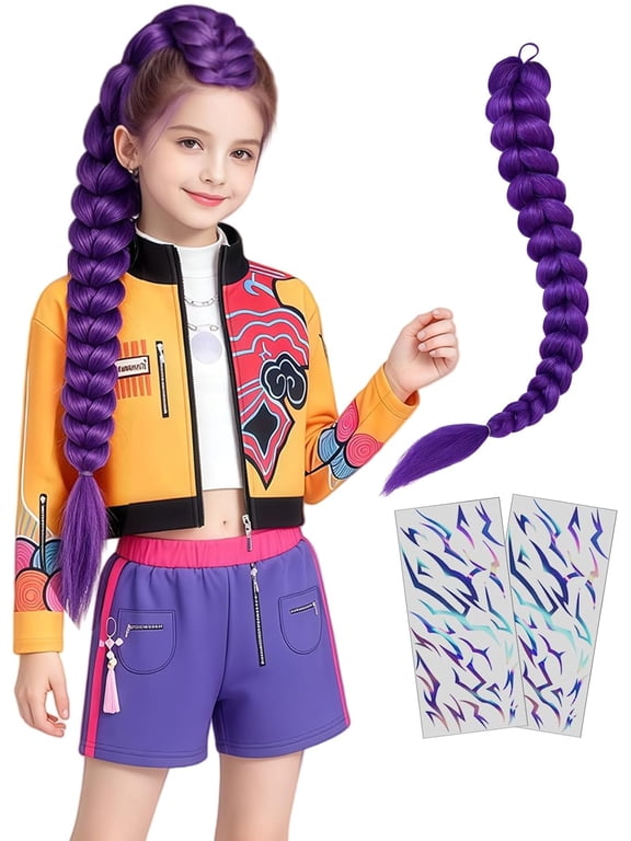 Pop Star Hunter Cosplay Halloween Costume Set Anime Singer Performance Outfit with Cropped Jacket, Top, Shorts, Long Purple Braids Wig & Stickers