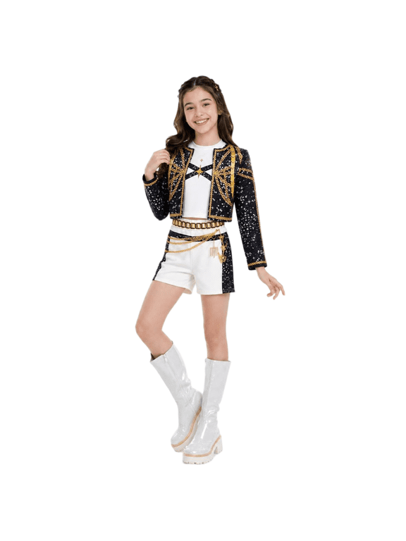 Pop Star Idol Cosplay Costume Set Sparkly Crop Top Jacket and Shorts Outfit for Halloween Stage Performance