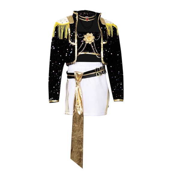 Pop Star Idol Stage Performance Halloween Cosplay Costume Set, Sparkling Sequin Crop Jacket and Skirt Outfit for Halloween Parties and Music Concerts