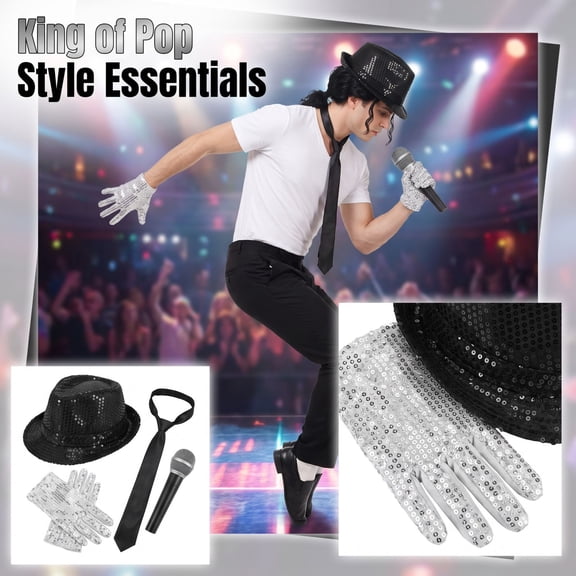 Pop Star Stage Performer Accessory Set with Sequin Hat, Decorative Mic, Bow Tie and Gloves for Tribute Halloween Party Cosplay Outfit