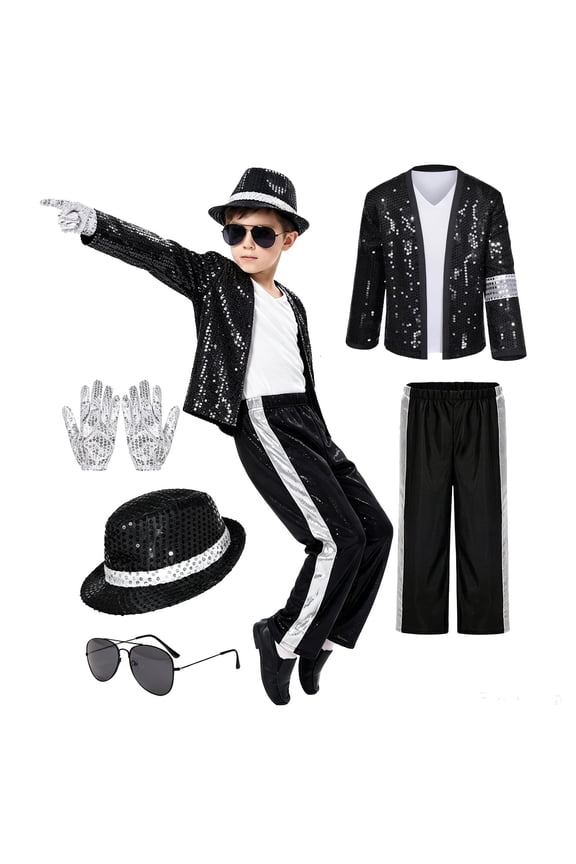 Pop Super Star 80s Outfit Boys 6pcs Set,80s-90s Retro Style Stage Performance for Kids Dress Up Attire,Hat,Sequin Jacket Coat,T-shirt,Pants,Glasses,Gloves for Child 4-10 Years