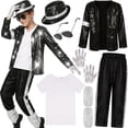 thumbnail image 1 of Pop Super Star Costume 5pcs Set, 80s Retro Black Sequin Jacket Trousers Hat Glove, Stage Outfit Halloween, 1 of 6