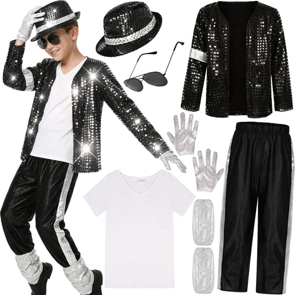 Pop Super Star Costume 5pcs Set, 80s Retro Black Sequin Jacket Trousers Hat Glove, Stage Outfit Halloween