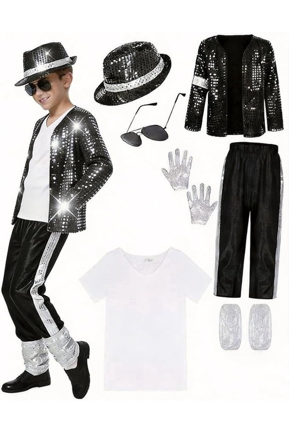Pop Superstar Costume Halloween Pageant Costume, 80s 90s Retro Disco Stage Cosplay Costume with Hat, Gloves, Sunglasses