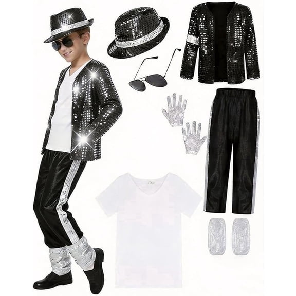 Pop Superstar Costume Halloween Pageant Costume, 80s 90s Retro Disco Stage Cosplay Costume with Hat, Gloves, Sunglasses