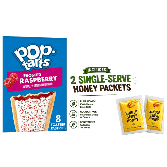 Pop-Tarts Frosted Raspberry Toaster Pastries 13.5 oz (8 Count), with two single serving Honey