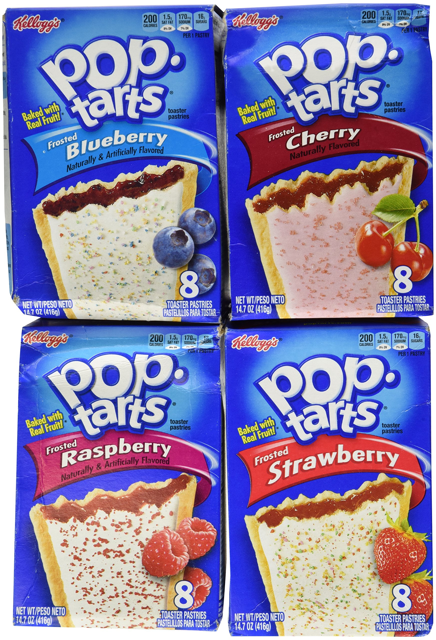 Pop Tarts Variety Pack, Frosted Fruit Flavors: Strawberry, Blueberry, Cherry, And Raspberry. Bundle Of 4-8 Count Boxes, 1 Of Each Flavor. Great Care Package Or Gift