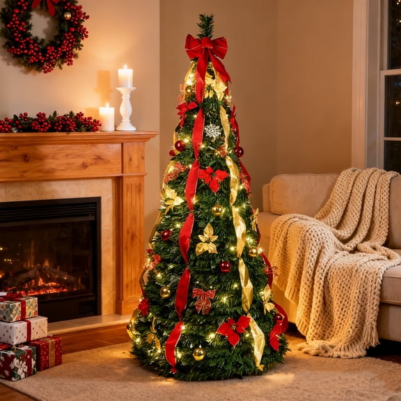 Bringstar 6ft Pop Up Christmas Tree Pre Lit with 150 Lights, Pre Decorated Artificial Green Xmas Tree with Ornaments, Easy Setup & Foldable for Storage