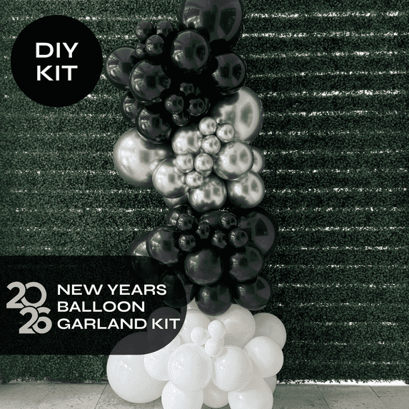 Pop Up Balloons - New Years Balloon Garland Kit Black Silver White 10ft professional grade latex balloons
