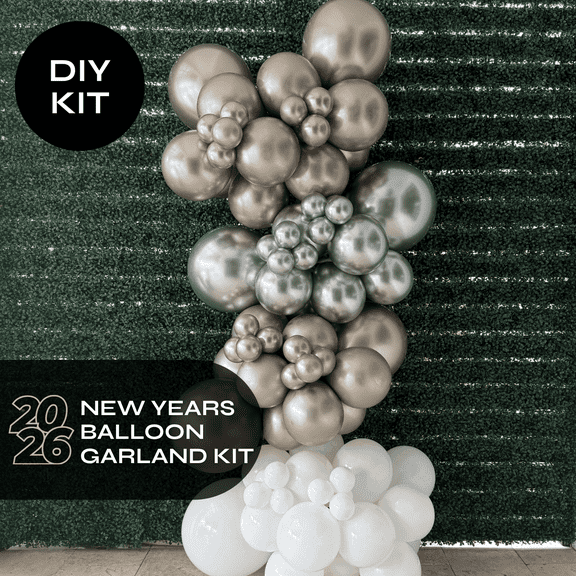 Pop Up Balloons - New Years Balloon Garland Kit Champagne Silver White 6ft professional grade latex balloons