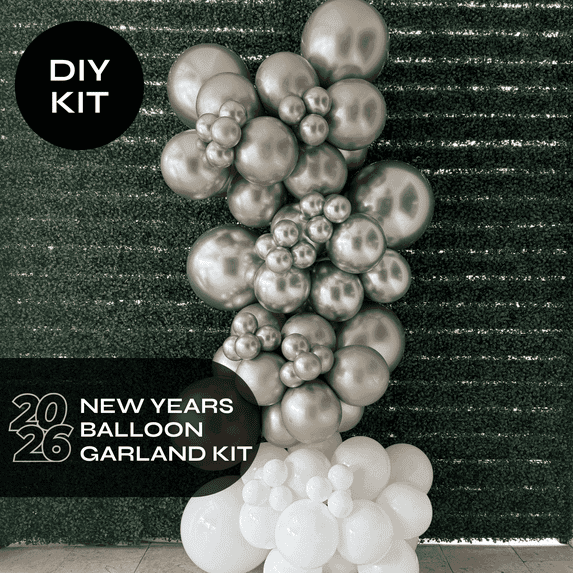 Pop Up Balloons - New Years Balloon Garland Kit Champagne Silver White 8ft professional grade latex balloons