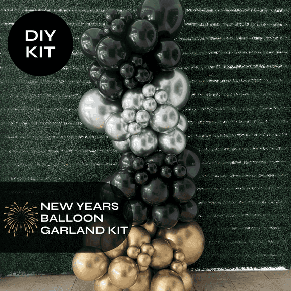 Pop Up Balloons - New Years Balloon Garland Kit Gold Silver Black 8ft professional grade latex balloons