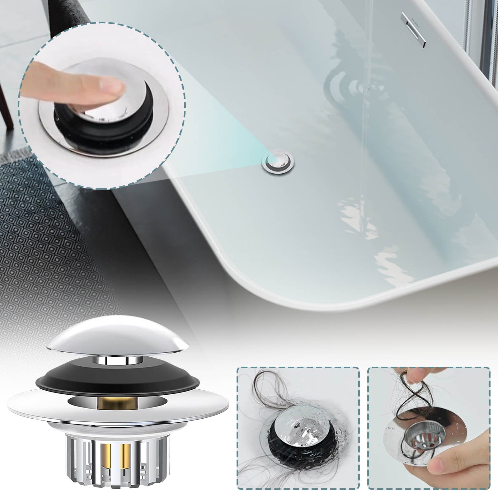 Pop-Up Bathtub Drain Stopper - Hair Catcher and Anti-Clog Plug for ...