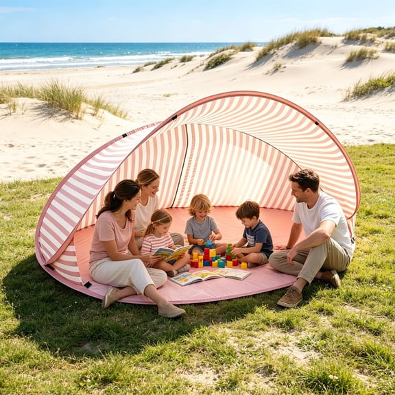 Pop Up Beach Shelter Tent Sun Protection Instant Setup Sun Canopy Portable Wind Resistant Striped Canopyfor Beach Picnic Camping Outdoor Trip