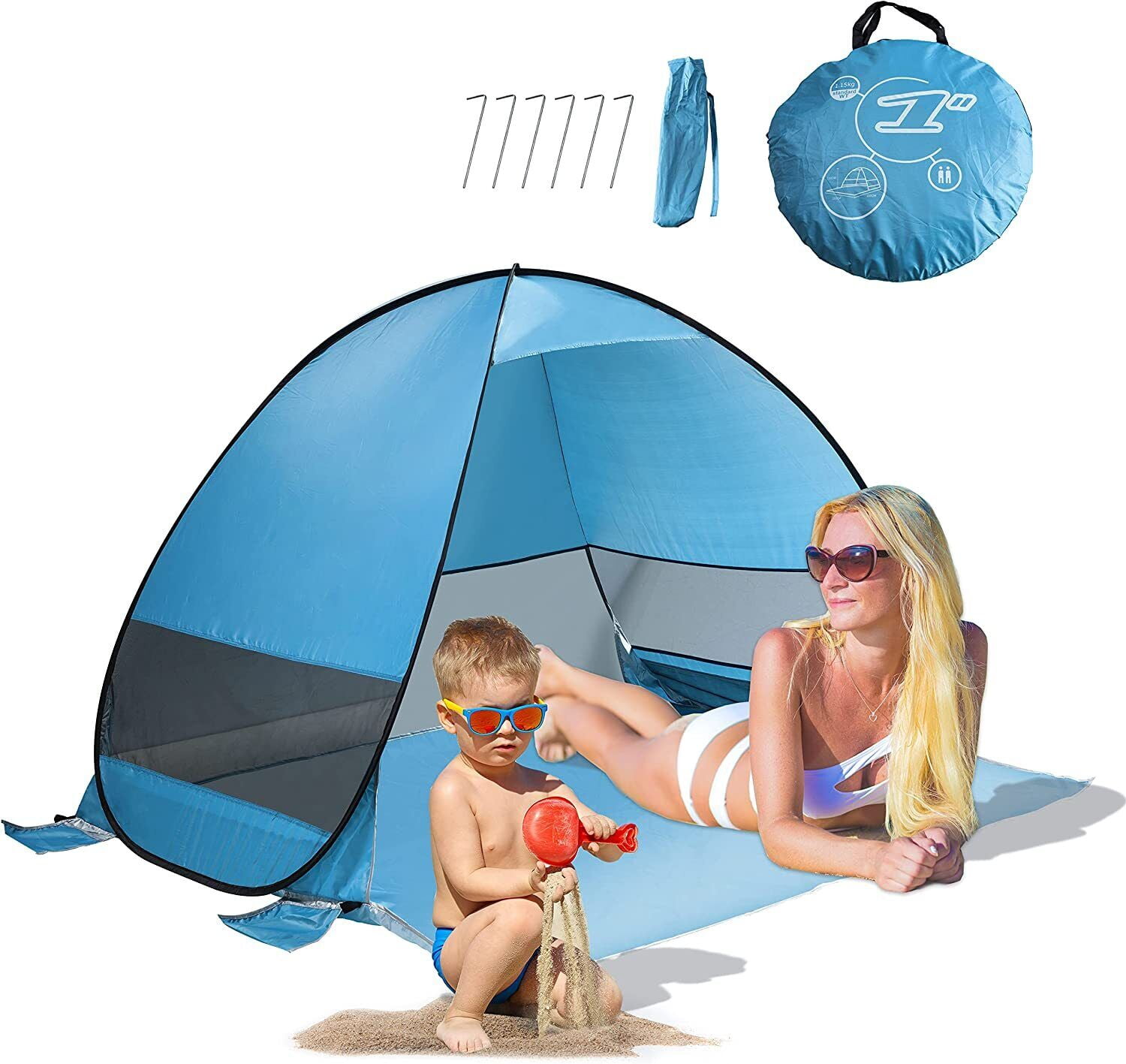 Pop Up Beach Tent Sun Shelter for 2-3 Person Lightweight Family Beach Canopy Anti-UV Portable Beach Shade Canopy(Blue)