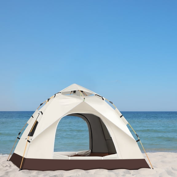 PopUp Camping Tent 4Person, Instant Setup Waterproof Tent with Windows, Portable Easy Folding Tent for Beach, Backyard, Hiking Beige