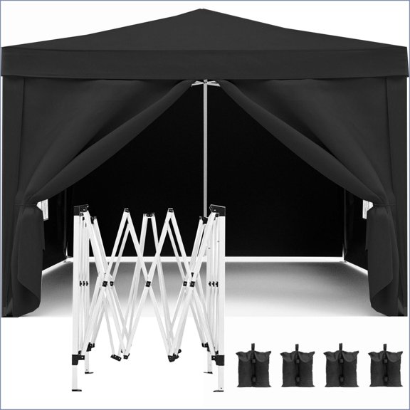 Pop Up Canopy | 10'x10' UPF 50+ Shelter with 4 Removable Sidewalls for Parties Beach Camping | Black | Metal | Square