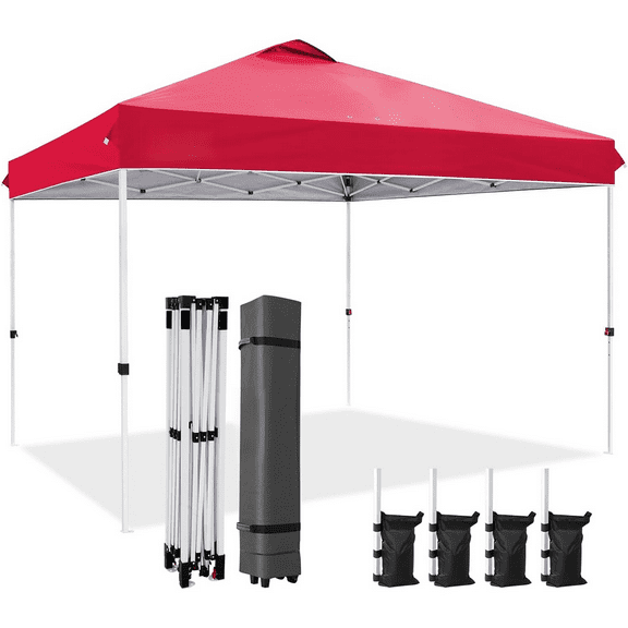 Pop Up Canopy Tent with Wheeled Carry Bag, 8 Stakes, 4 Ropes, 4 Weight Bags, Easy Set Up Tent Canopy, 12x12 ft, 144sqft of Shade, Red
