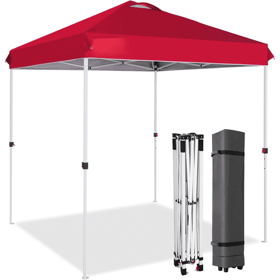 Pop Up Canopy Tent with Wheeled Carry Bag, 8 Stakes, 4 Ropes, Easy Set Up Tent Canopy, 6.6x6.6 ft, Red
