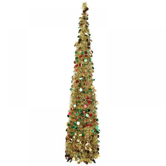 Pop Up Christmas Tinsel Tree - 5FT Collapsible Artificial Christmas Trees Gold Round Sequins for Home Apartment Party Indoor Outdoor Xmas Decor