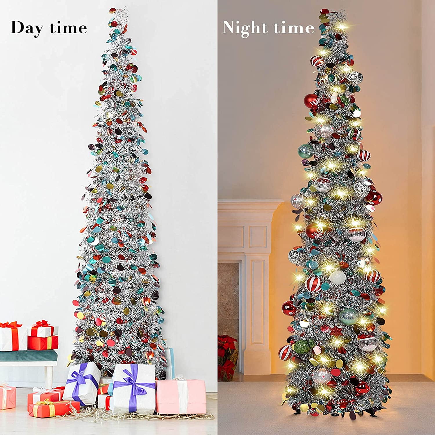 Pop Up Christmas Tinsel Tree with Lights 5Ft Collapsible Colorful