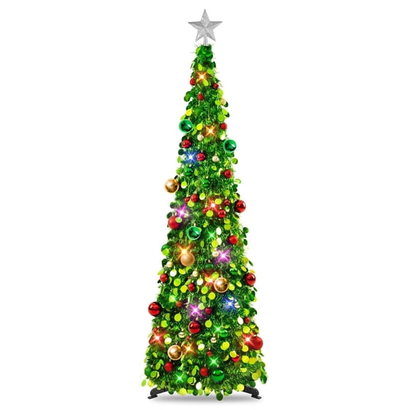 Pop Up Christmas Tree with LED Lights & 30 Ornament Balls, 5Ft Collapsible Green Tinsel Tree, Holiday Xmas Decor for Home Office
