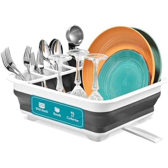 Pop-Up Collapsible Dish Drying Rack - Convenient Storage - Drains into Sink - Eight Large Plate Capacity - Sectional Cutlery and Utensil Compartment - Compact and Portable Design (12 x 20 Inch)