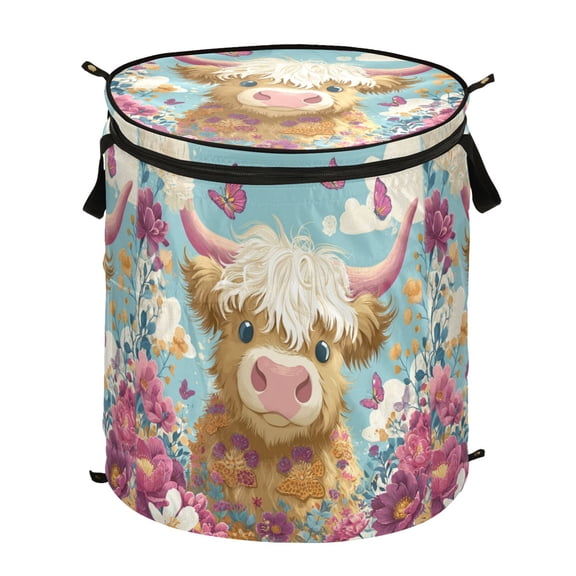 Pop-Up Collapsible Laundry Hamper With Zippered Lid Dual Handles 50L A Cute Highland Cow