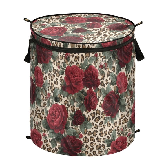 Pop-Up Collapsible Laundry Hamper With Zippered Lid Dual Handles 50L A Leopard Print with Roses Pattern