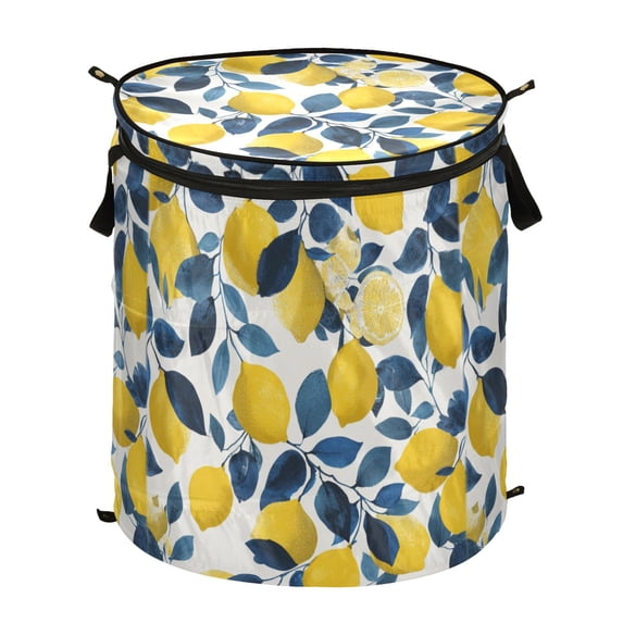 Pop-Up Collapsible Laundry Hamper With Zippered Lid Dual Handles 50L A Pattern Of Lemons