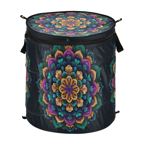 Pop-Up Collapsible Laundry Hamper With Zippered Lid Dual Handles 50L A Vibrant Mandala Design