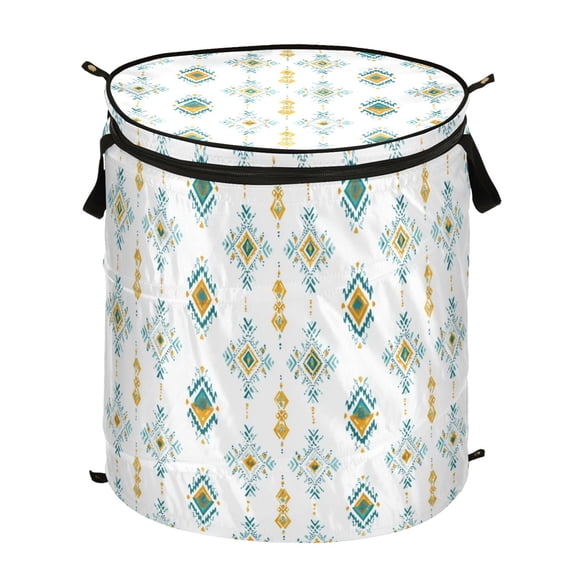 Pop-Up Collapsible Laundry Hamper With Zippered Lid Dual Handles 50L Aztec Pattern