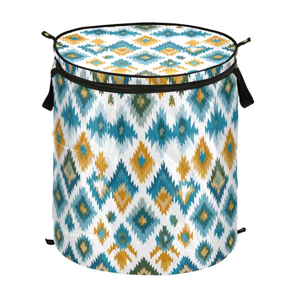 Pop-Up Collapsible Laundry Hamper With Zippered Lid Dual Handles 50L Aztec Print Pattern