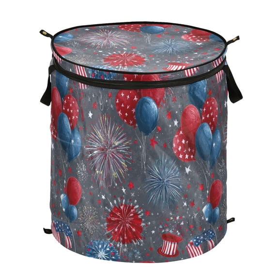 Pop-Up Collapsible Laundry Hamper With Zippered Lid Dual Handles 50L Balloons Fireworks