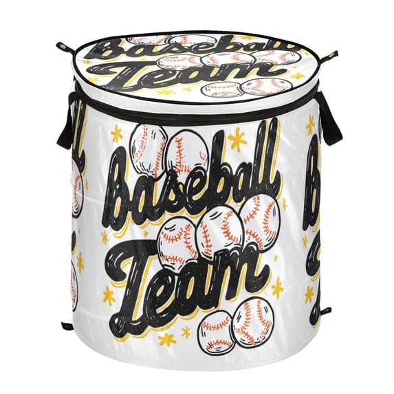 Pop-Up Collapsible Laundry Hamper With Zippered Lid Dual Handles 50L Baseball-themed