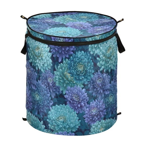 Pop-Up Collapsible Laundry Hamper With Zippered Lid Dual Handles 50L Blue and Teal Chrysanthemum Flowers