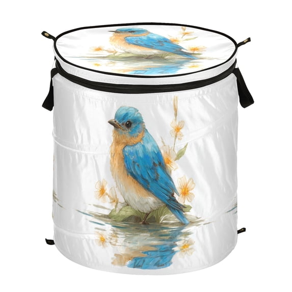 Pop-Up Collapsible Laundry Hamper With Zippered Lid Dual Handles 50L Bluebirds Are Surrounded by Flowers