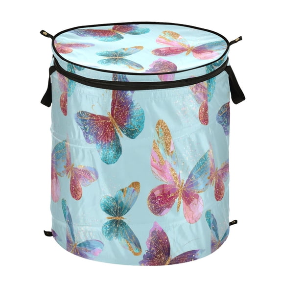 Pop-Up Collapsible Laundry Hamper With Zippered Lid Dual Handles 50L Butterflies