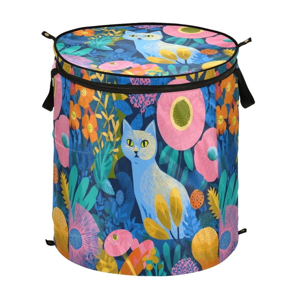 Pop-Up Collapsible Laundry Hamper With Zippered Lid Dual Handles 50L Cat Flowers