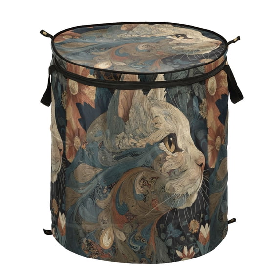 Pop-Up Collapsible Laundry Hamper With Zippered Lid Dual Handles 50L Cat Intricate Design